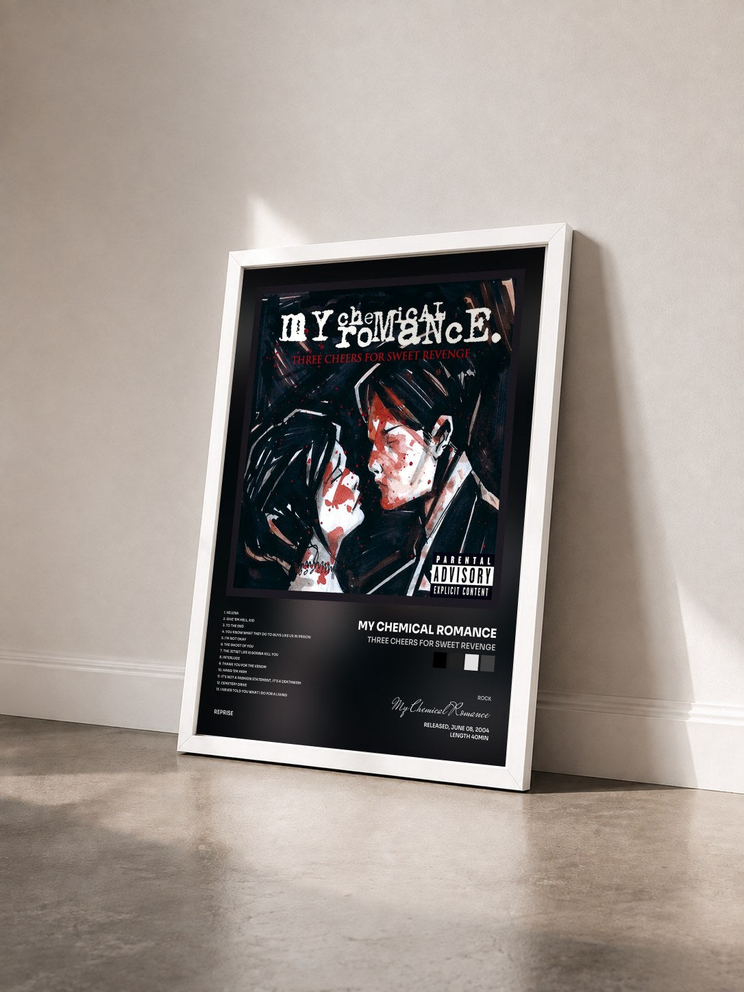 #blanc Tableau de l'album Three Cheers for Sweet Revenge de My Chemical Romance vu de trois quarts, cadre blanc