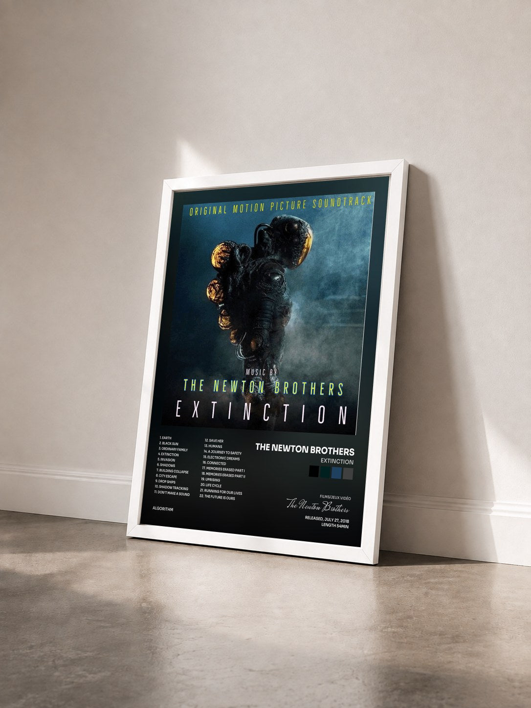 #blanc Tableau de l'album Extinction de The Newton Brothers vu de trois quarts, cadre blanc