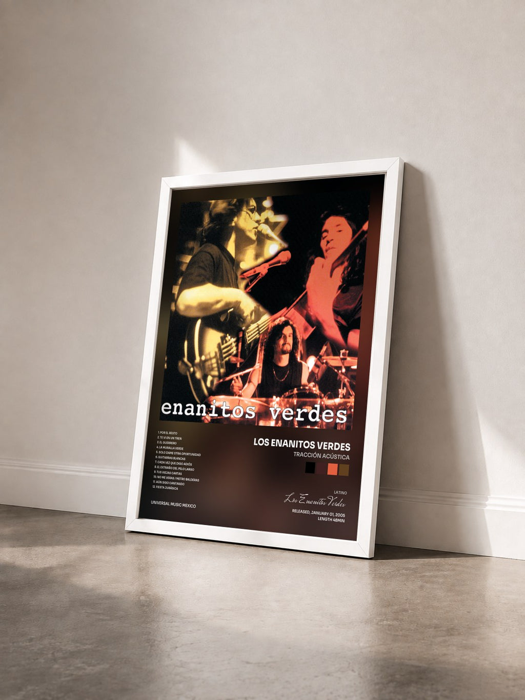#blanc Tracción Acústica by Los Enanitos Verdes as a framed art print seen at an angle, white frame