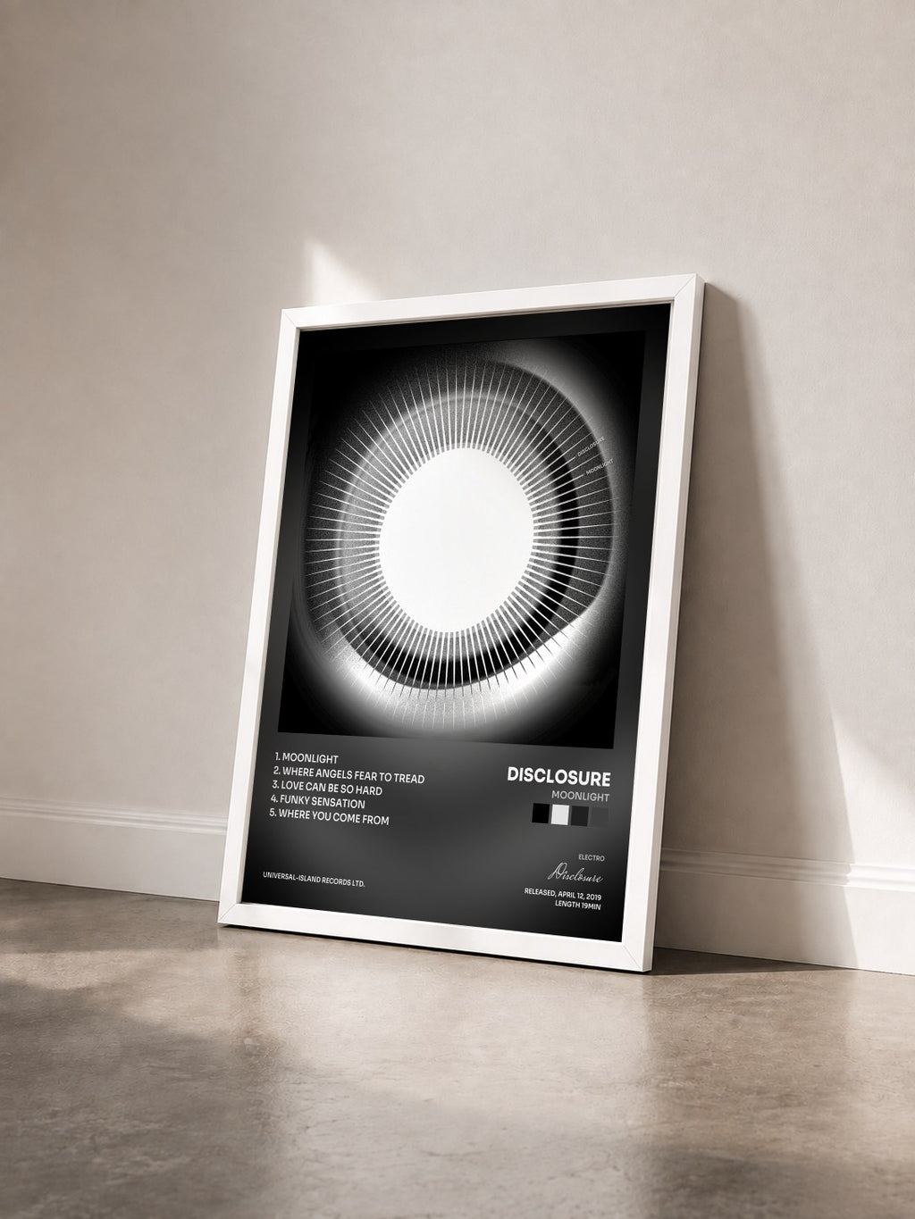 #blanc Tableau de l'album Moonlight de Disclosure vu de trois quarts, cadre blanc