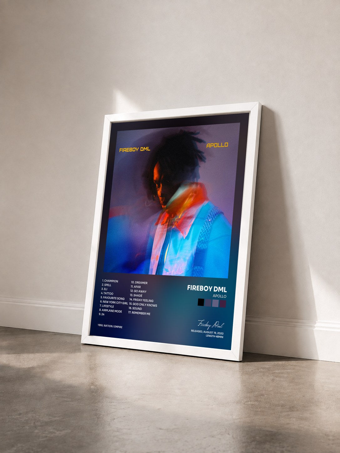 #blanc Tableau de l'album APOLLO de Fireboy Dml vu de trois quarts, cadre blanc