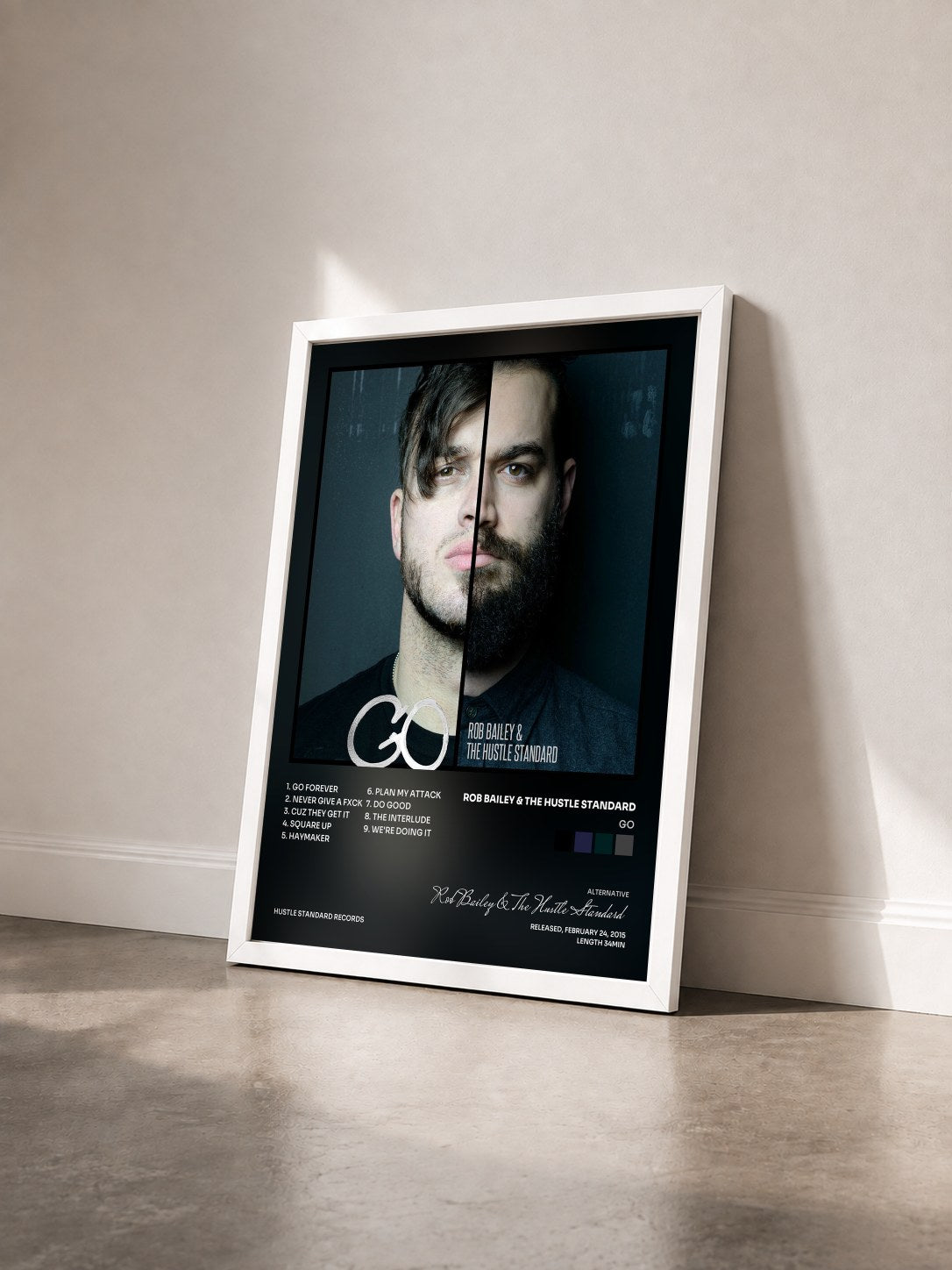 #blanc Tableau de l'album Go de Rob Bailey & The Hustle Standard vu de trois quarts, cadre blanc