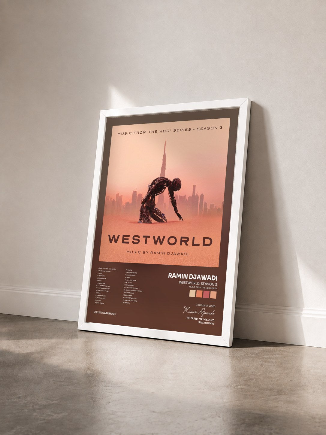 #blanc Tableau de l'album Westworld: Season 3 (Music From The HBO Series) de Ramin Djawadi vu de trois quarts, cadre blanc