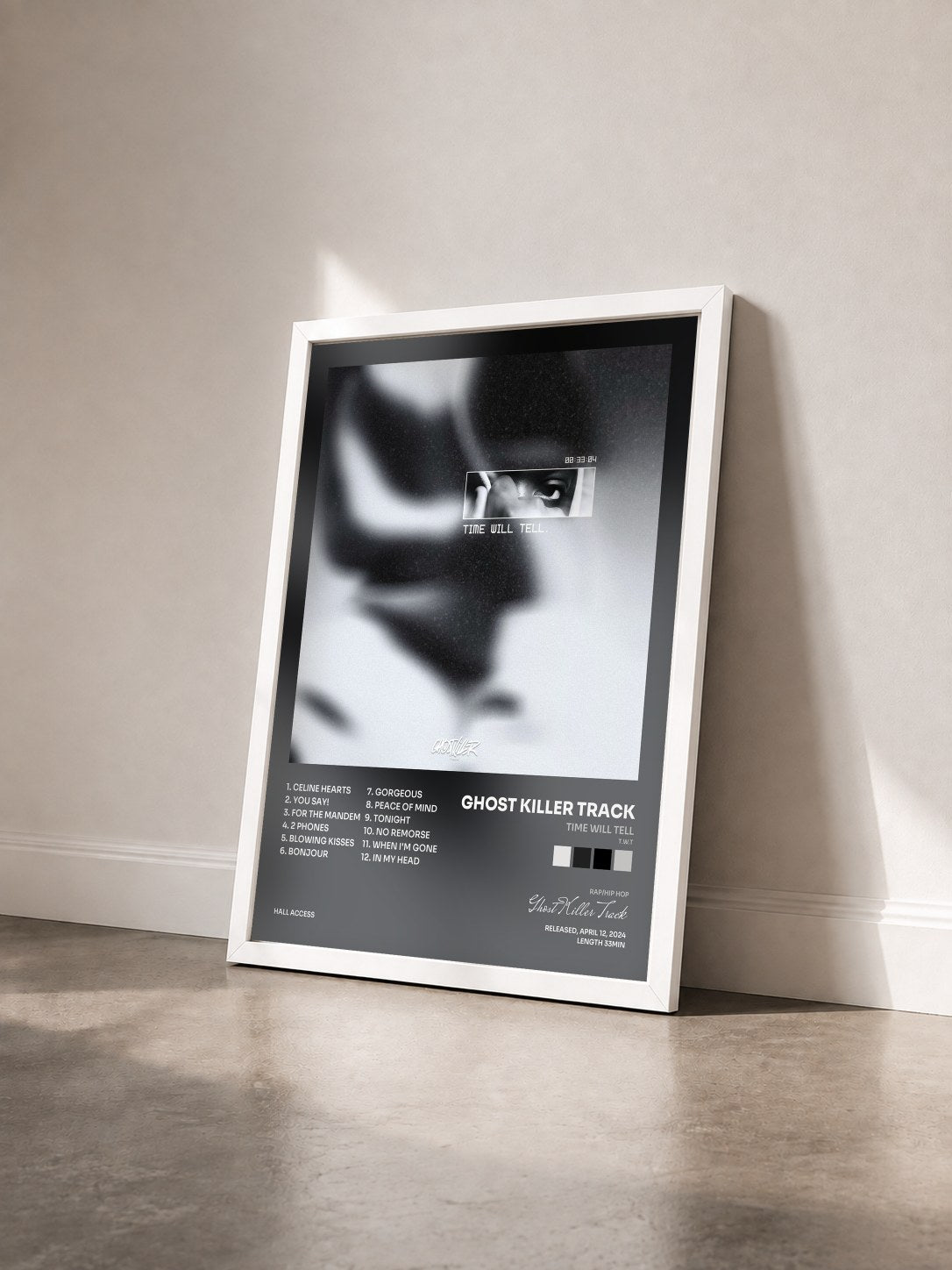 #blanc Tableau de l'album Time Will Tell (T.W.T) de Ghost Killer Track vu de trois quarts, cadre blanc