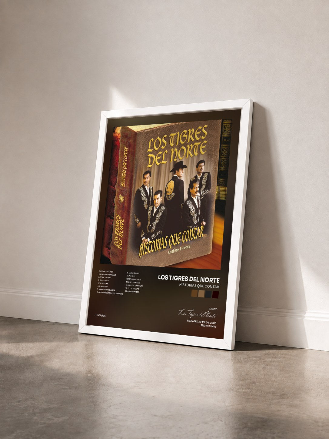 #blanc Tableau de l'album Historias Que Contar de Los Tigres del Norte vu de trois quarts, cadre blanc