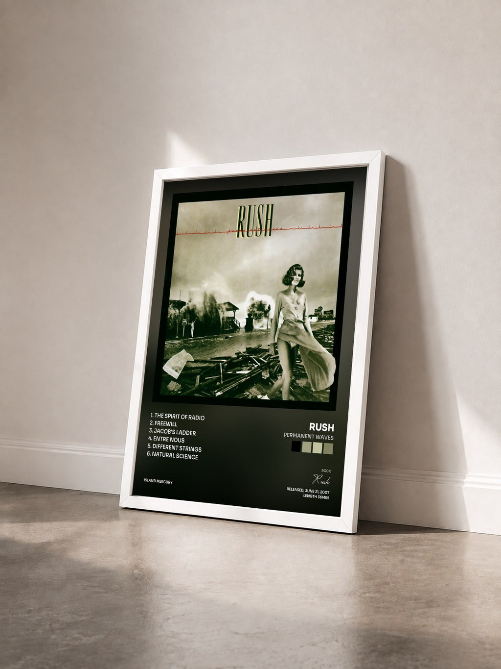 #blanc Tableau de l'album Permanent Waves de Rush vu de trois quarts, cadre blanc
