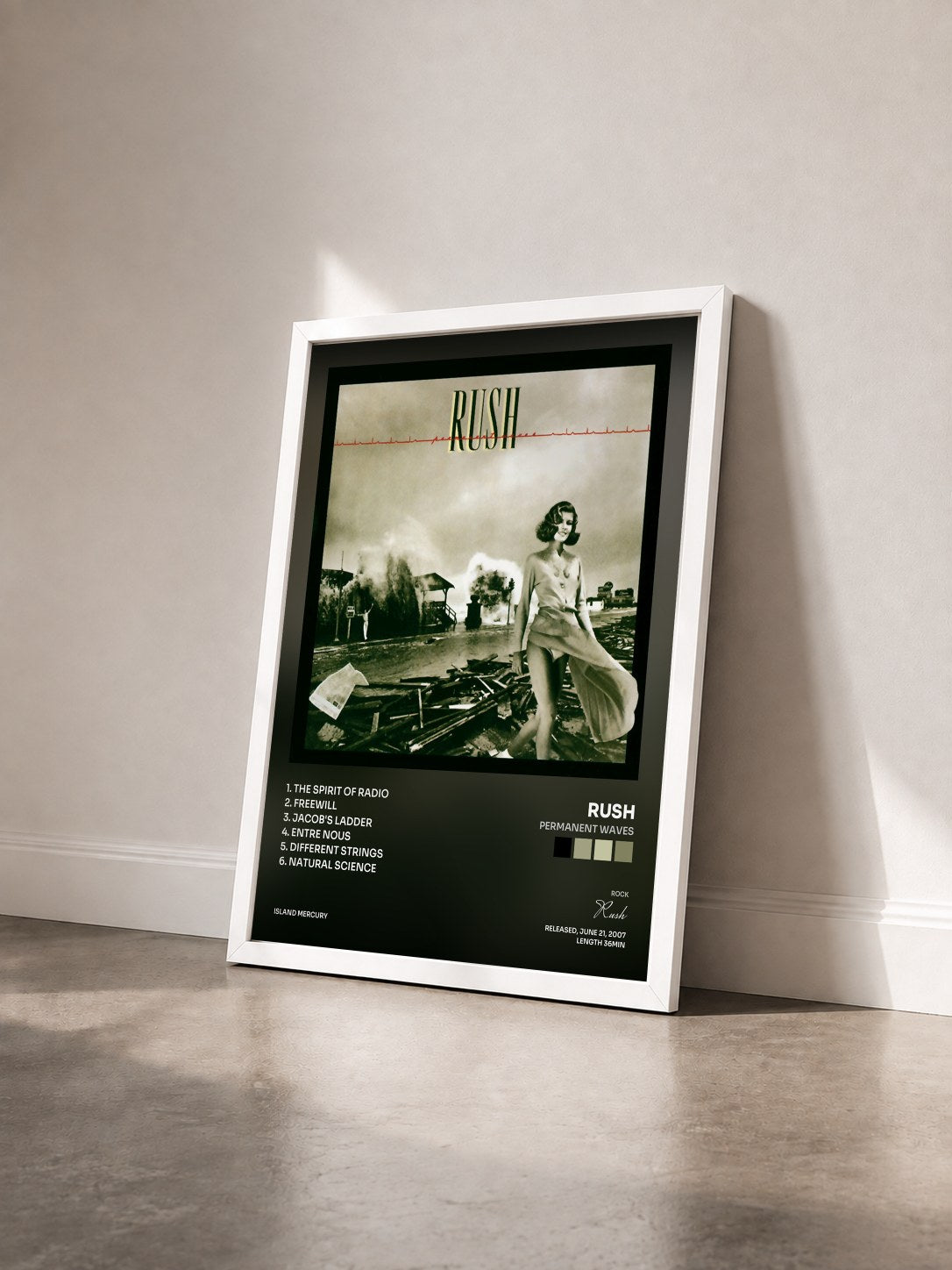 #blanc Tableau de l'album Permanent Waves de Rush vu de trois quarts, cadre blanc
