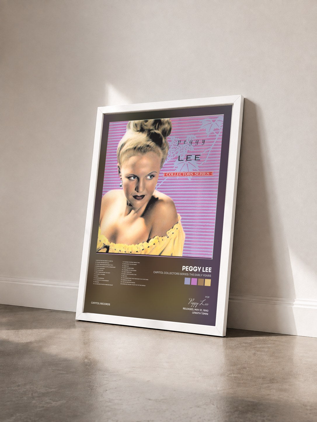 #blanc Tableau de l'album Capitol Collectors Series: The Early Years de Peggy Lee vu de trois quarts, cadre blanc