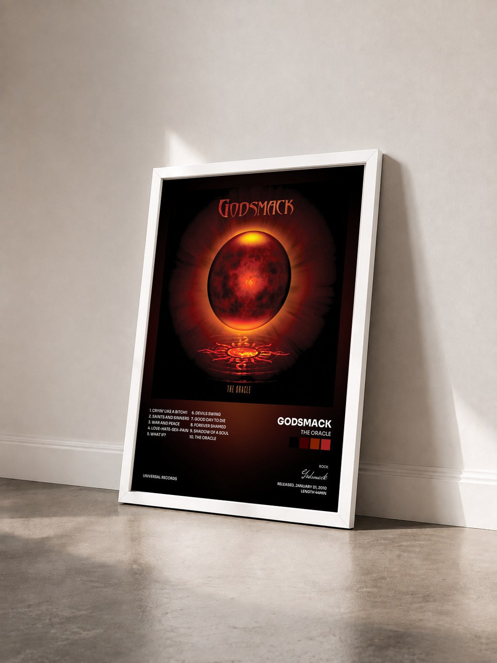 #blanc The Oracle de Godsmack en lámina enmarcada vista de tres cuartos, marco blanco