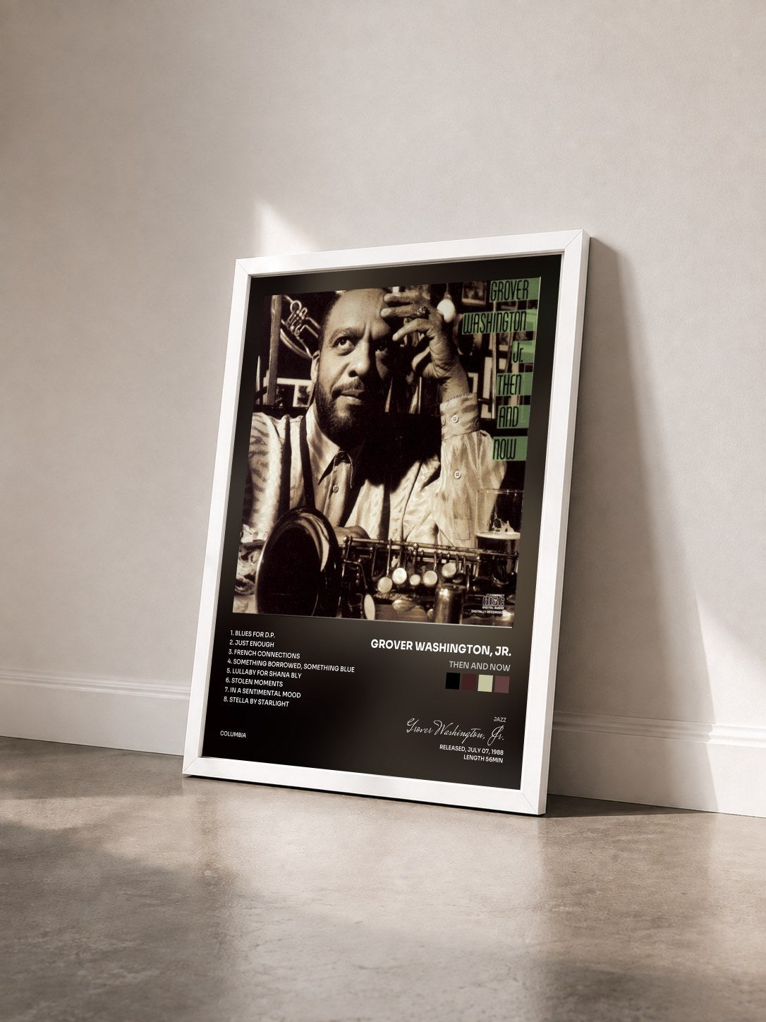 #blanc Tableau de l'album Then And Now de Grover Washington, Jr. vu de trois quarts, cadre blanc