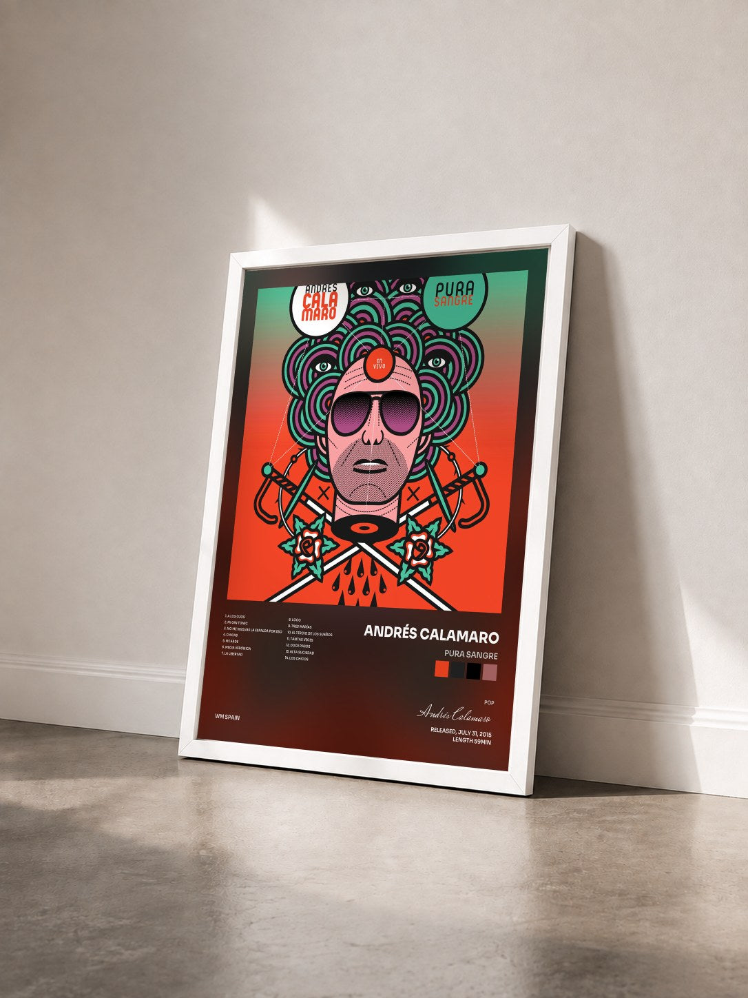 #blanc Tableau de l'album Pura sangre de Andrés Calamaro vu de trois quarts, cadre blanc