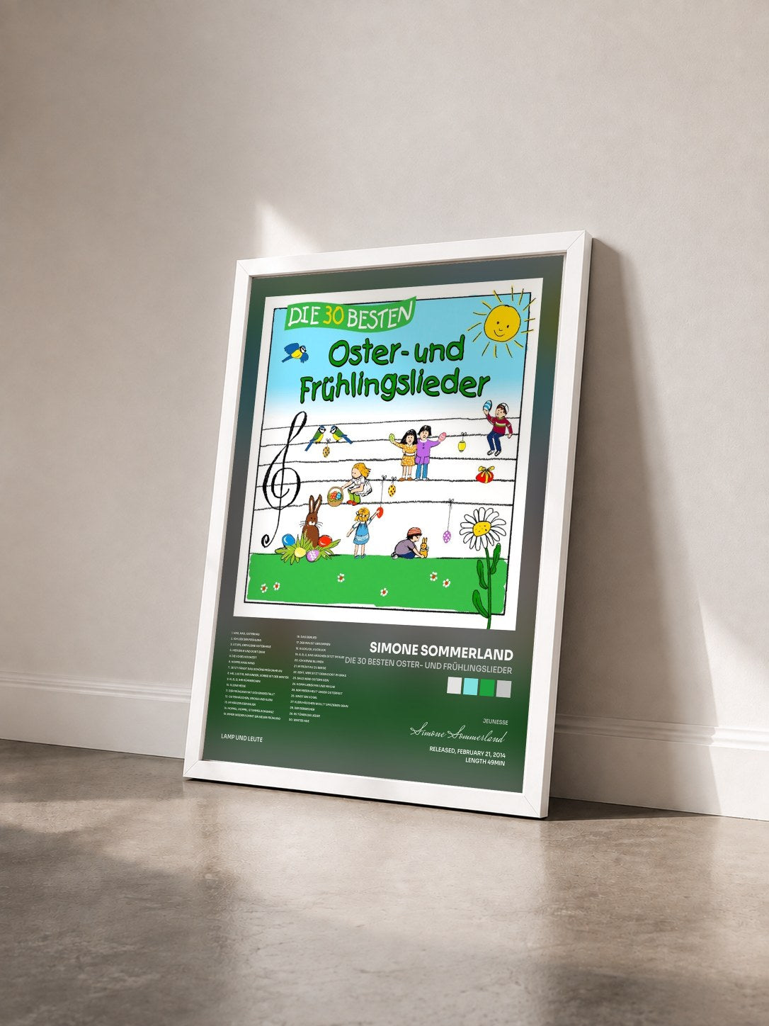 #blanc Tableau de l'album Die 30 besten Oster- und Frühlingslieder de Simone Sommerland vu de trois quarts, cadre blanc