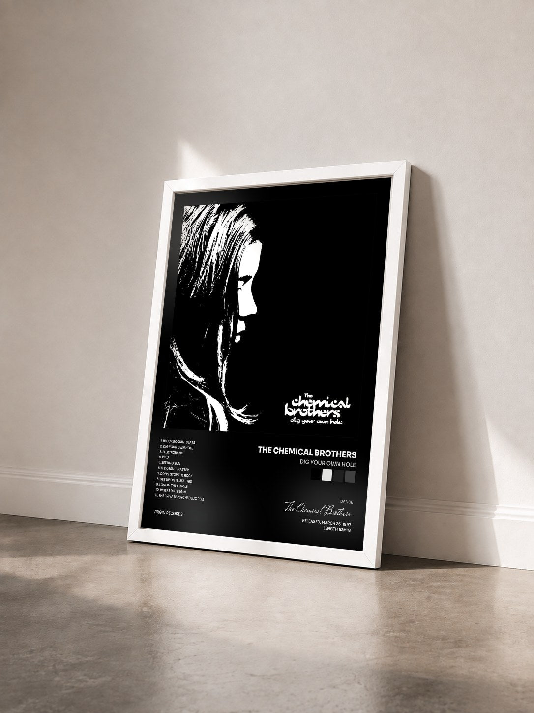 #blanc Tableau de l'album Dig Your Own Hole de The Chemical Brothers vu de trois quarts, cadre blanc