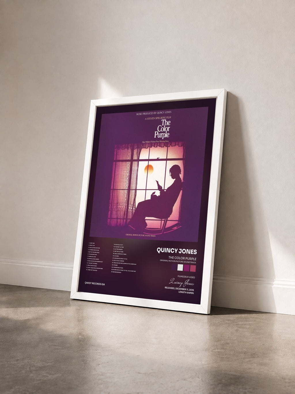 #blanc The Color Purple (Original Motion Picture Soundtrack) de Quincy Jones en lámina enmarcada vista de tres cuartos, marco blanco