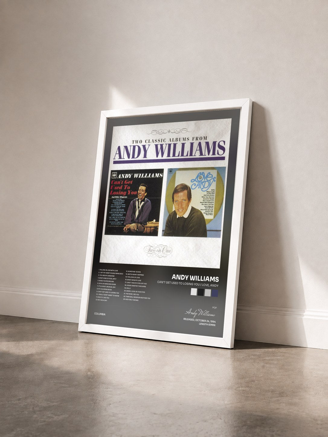 #blanc Tableau de l'album Can't Get Used To Losing You / Love, Andy de Andy Williams vu de trois quarts, cadre blanc