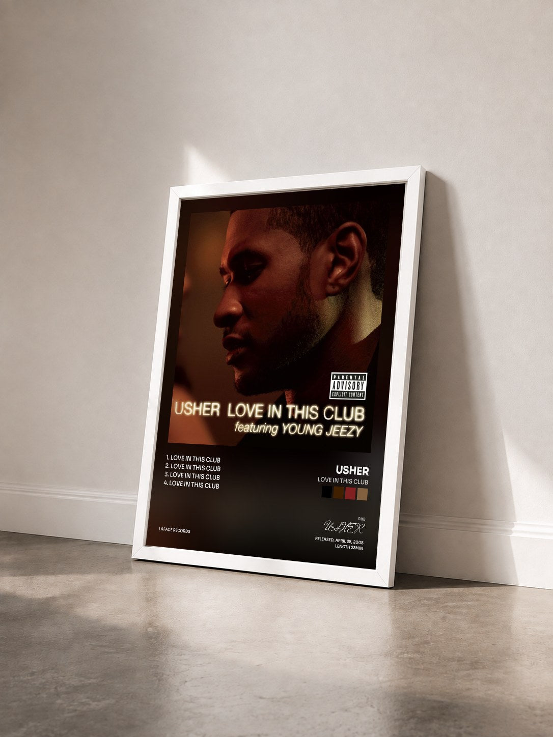 #blanc Tableau de l'album Love In This Club de USHER vu de trois quarts, cadre blanc