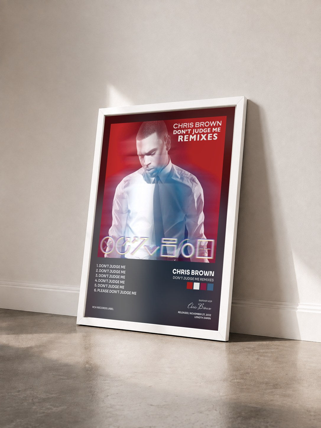#blanc Tableau de l'album Don't Judge Me Remixes de Chris Brown vu de trois quarts, cadre blanc