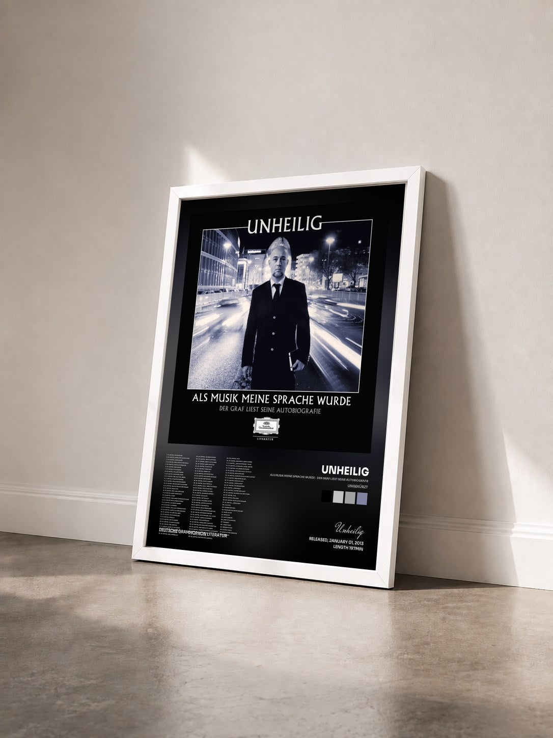 #blanc Tableau de l'album Als Musik meine Sprache wurde - Der Graf liest seine Autobiografie (Ungekürzt) de Unheilig vu de trois quarts, cadre blanc