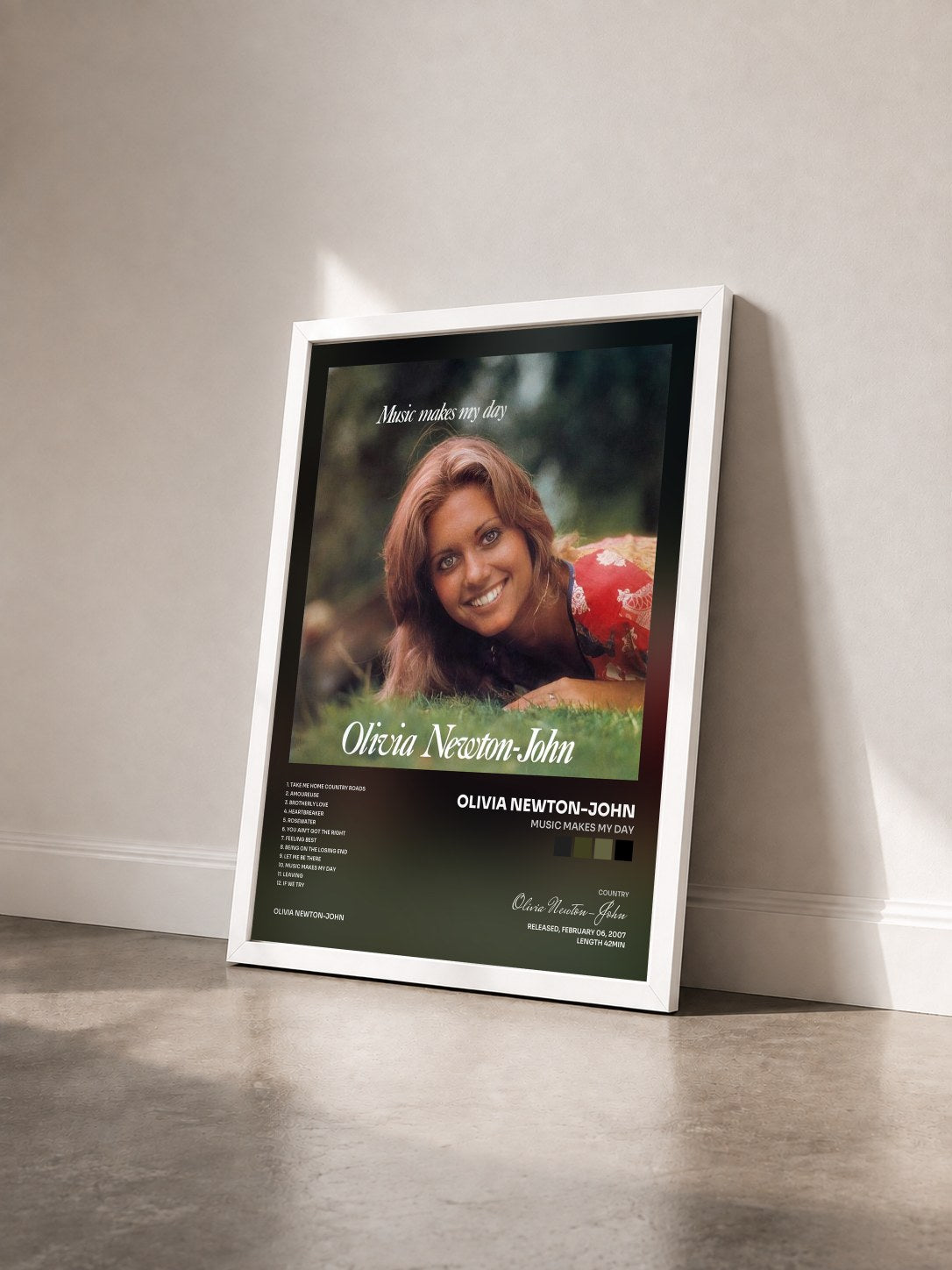#blanc Tableau de l'album Music Makes My Day de Olivia Newton-John vu de trois quarts, cadre blanc