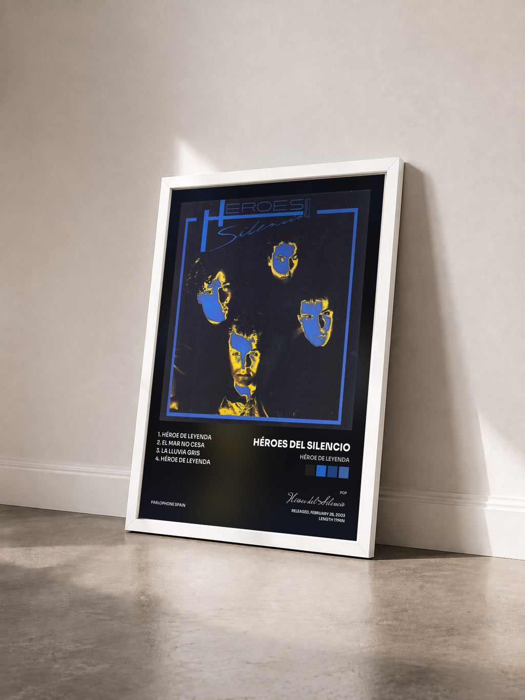 #blanc Héroe De Leyenda by Héroes del Silencio as a framed art print seen at an angle, white frame