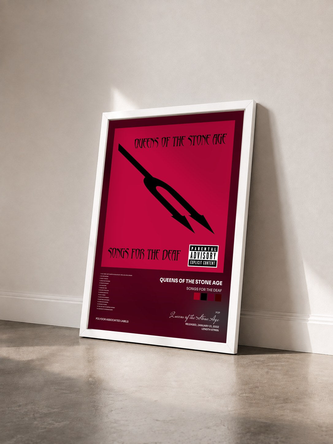 #blanc Tableau de l'album Songs For The Deaf de Queens of the Stone Age vu de trois quarts, cadre blanc