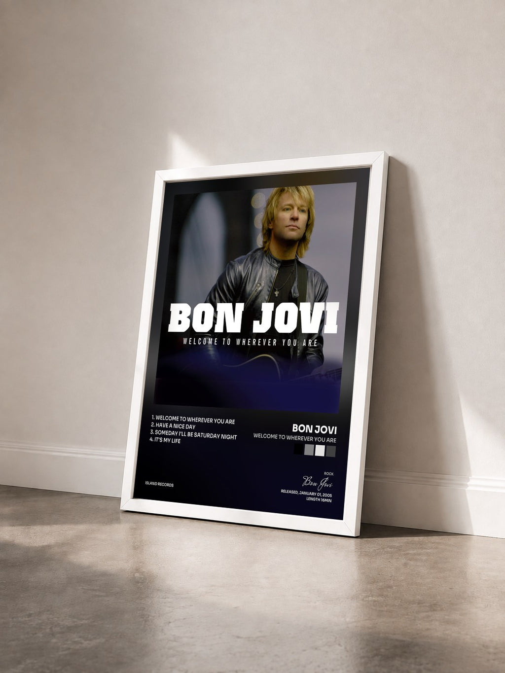 #blanc Tableau de l'album Welcome To Wherever You Are de Bon Jovi vu de trois quarts, cadre blanc