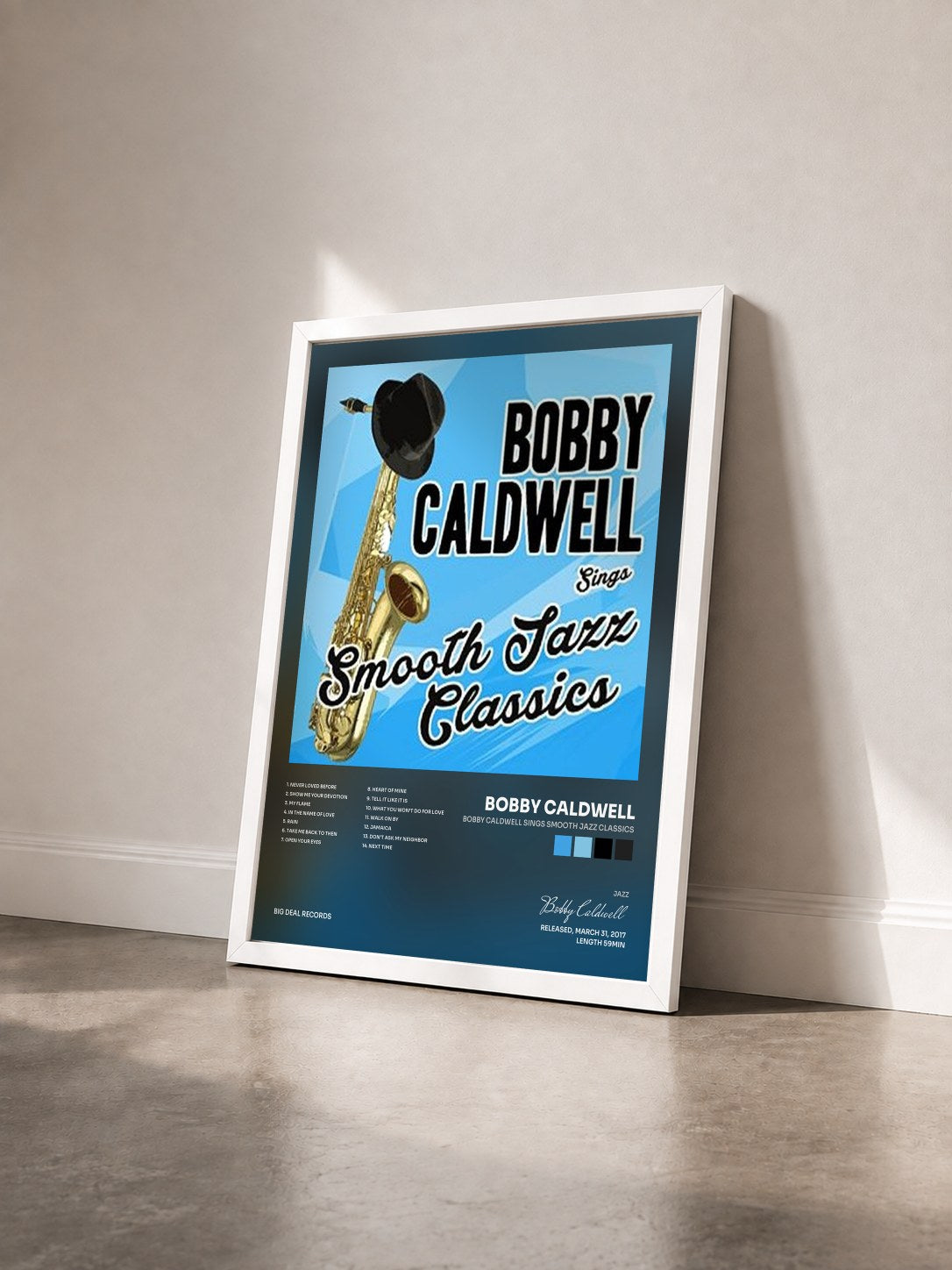 #blanc Tableau de l'album Bobby Caldwell Sings Smooth Jazz Classics de Bobby Caldwell vu de trois quarts, cadre blanc
