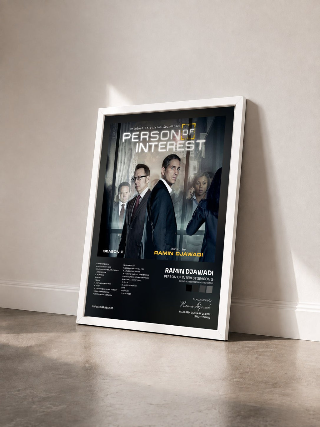 #blanc Person Of Interest Season 2 (Original Television Soundtrack) von Ramin Djawadi als gerahmter Kunstdruck von schräg gesehen, weißer Rahmen