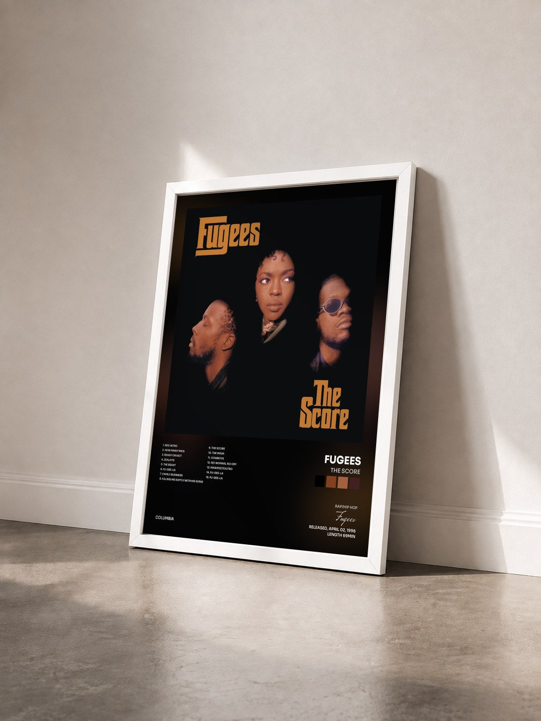 #blanc The Score by Fugees as a framed art print seen at an angle, white frame