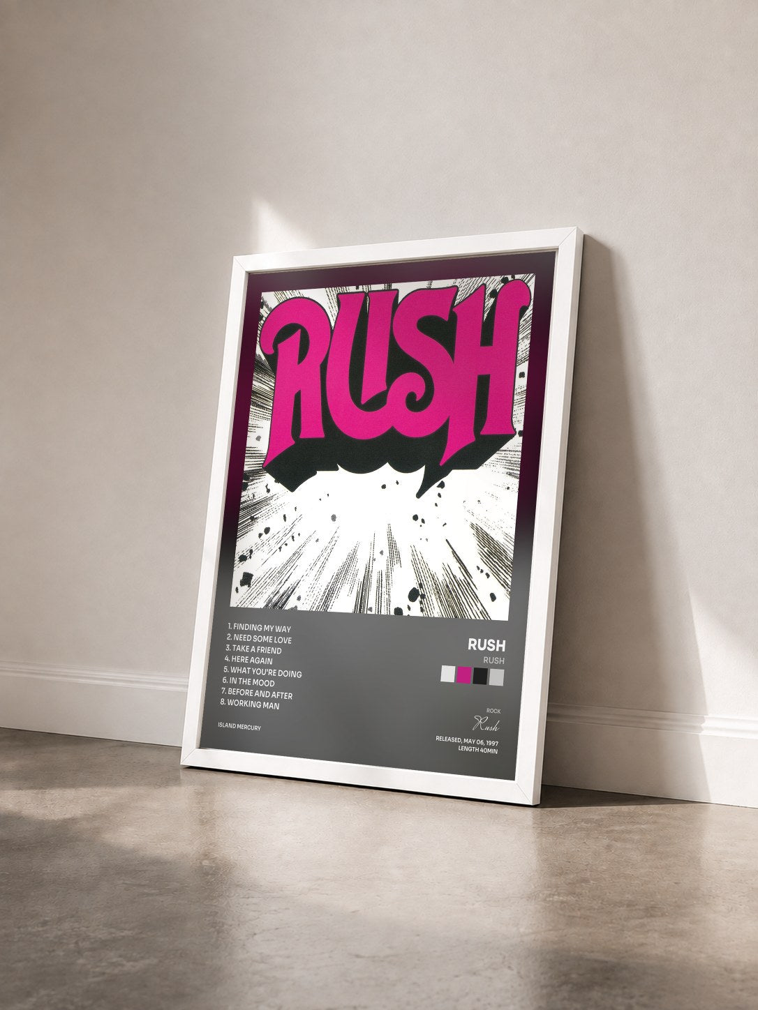 #blanc Tableau de l'album Rush de Rush vu de trois quarts, cadre blanc