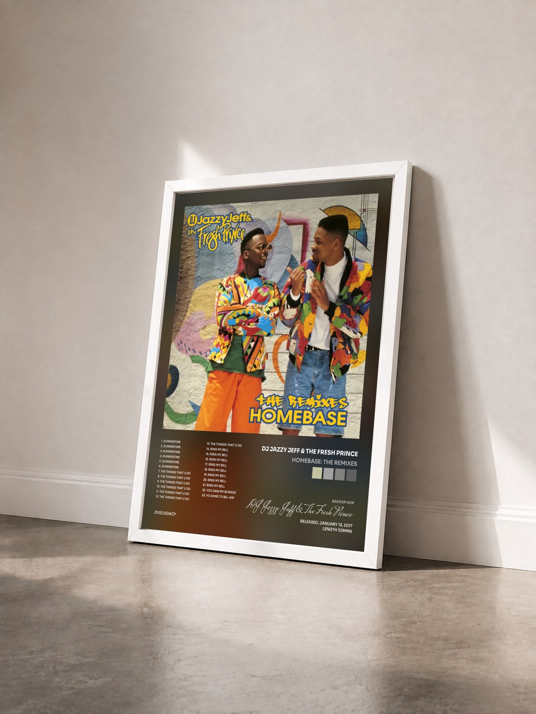 #blanc Tableau de l'album Homebase: The Remixes de DJ Jazzy Jeff & The Fresh Prince vu de trois quarts, cadre blanc