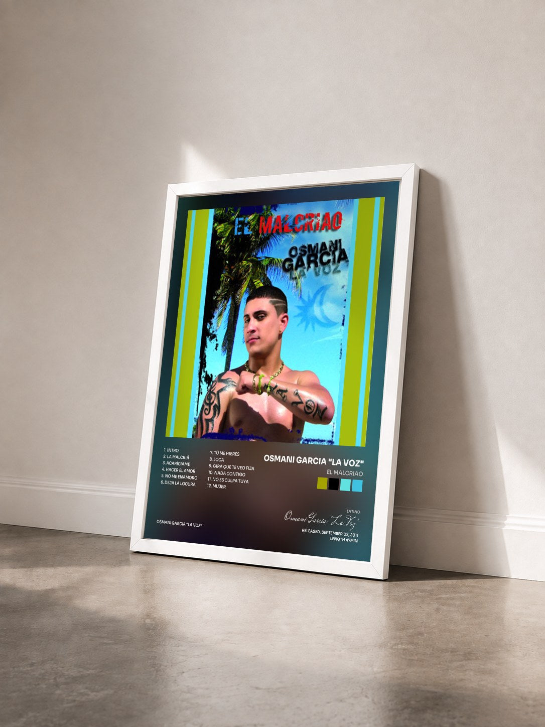 #blanc Tableau de l'album El Malcriao de Osmani Garcia "La Voz" vu de trois quarts, cadre blanc