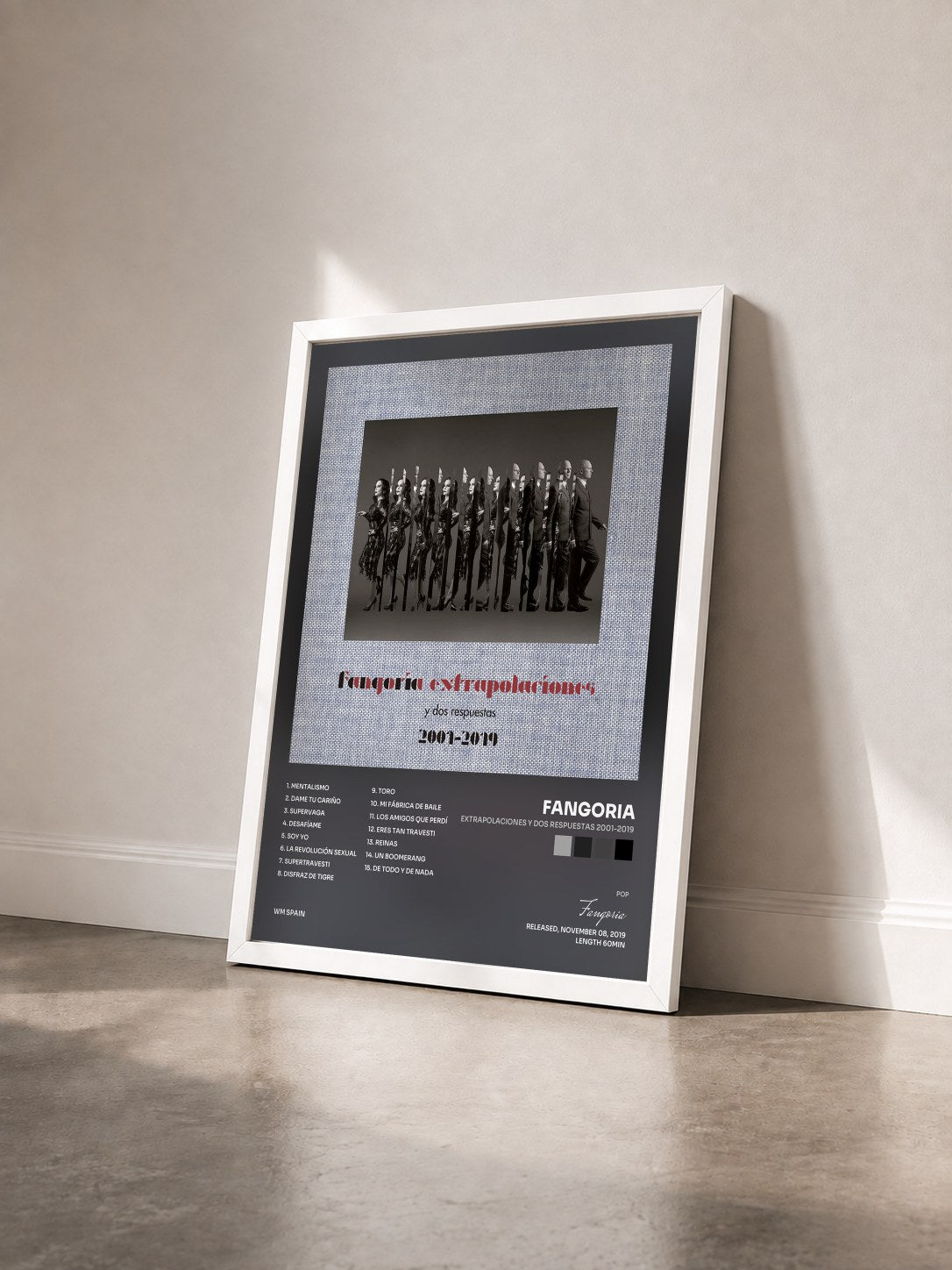 #blanc Tableau de l'album Extrapolaciones y dos respuestas 2001-2019 de Fangoria vu de trois quarts, cadre blanc