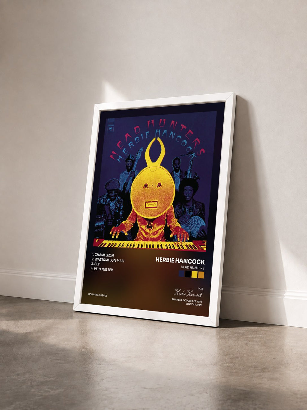 #blanc Tableau de l'album Head Hunters de Herbie Hancock vu de trois quarts, cadre blanc