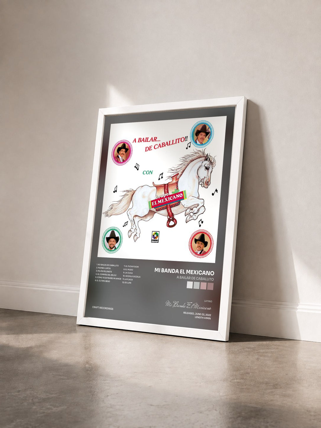 #blanc A Bailar by Caballito de Mi Banda El Mexicano as a framed art print seen at an angle, white frame