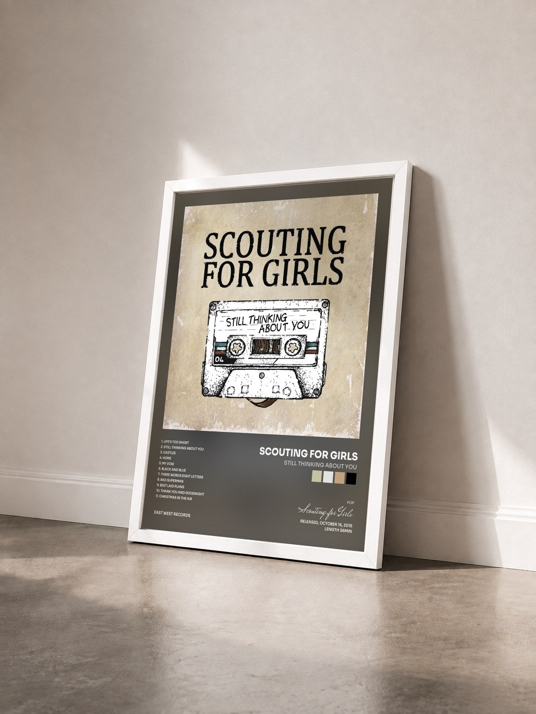 #blanc Tableau de l'album Still Thinking About You de Scouting for Girls vu de trois quarts, cadre blanc