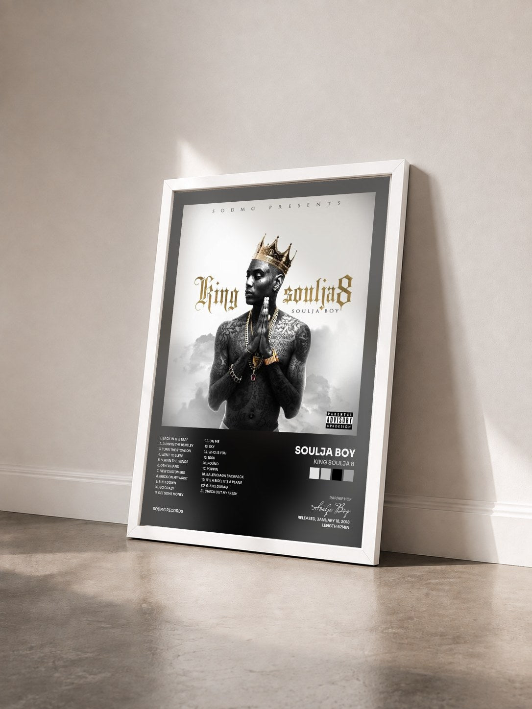 #blanc King Soulja 8 by Soulja Boy as a framed art print seen at an angle, white frame