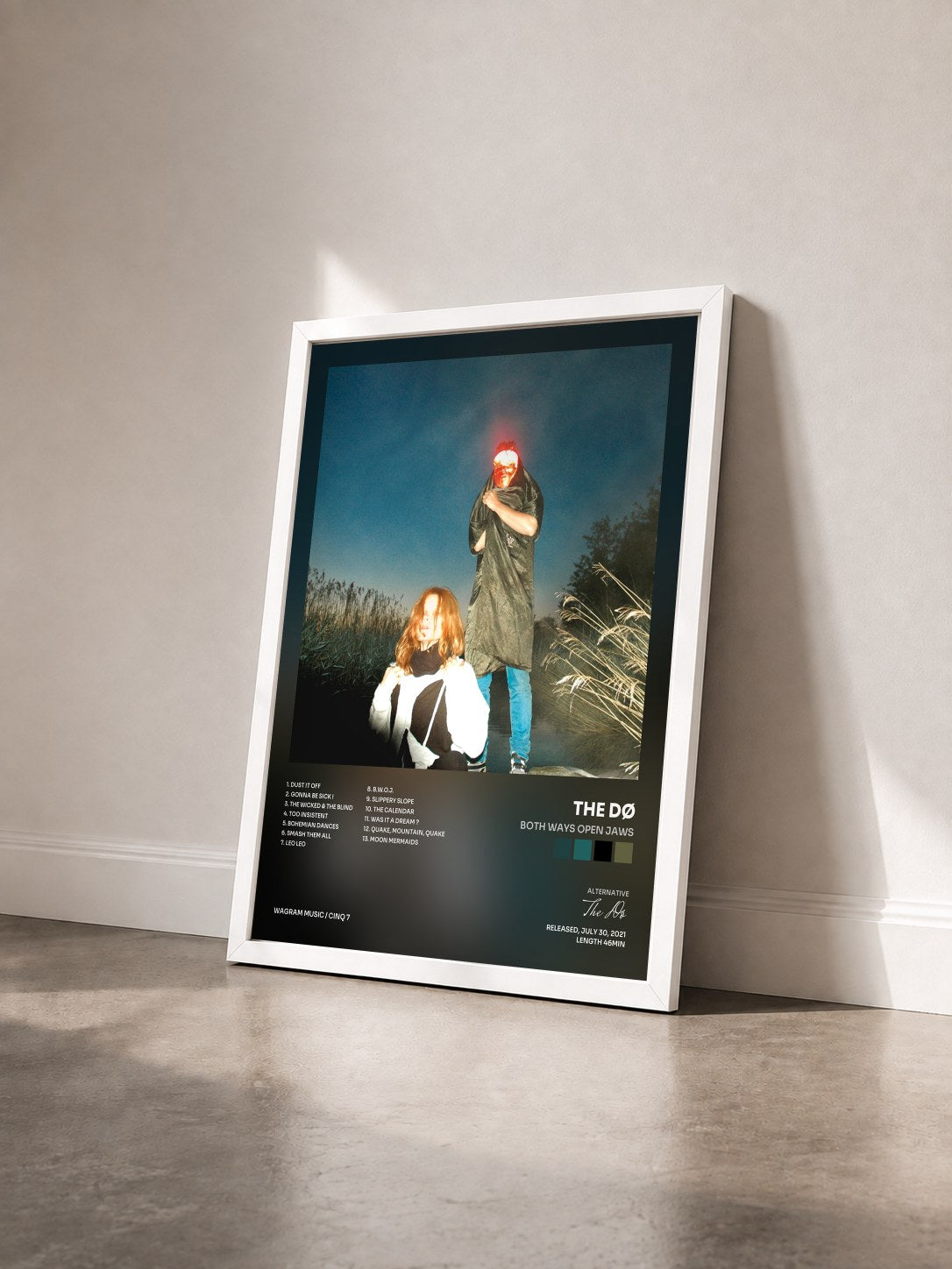 #blanc Both Ways Open Jaws by The Dø as a framed art print seen at an angle, white frame