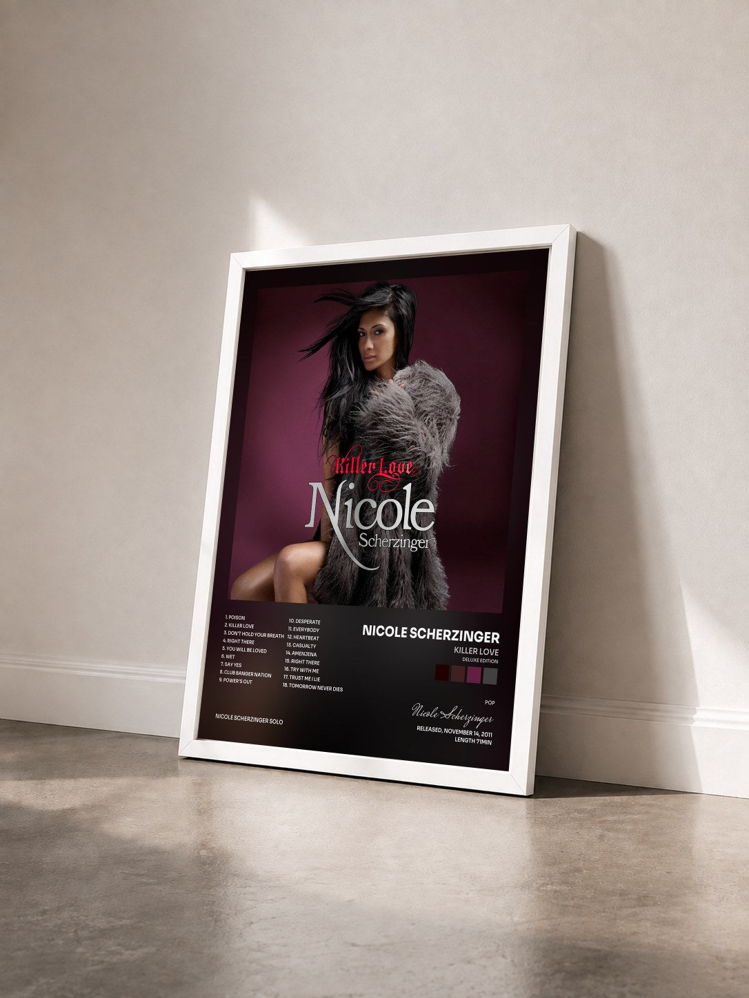 #blanc Killer Love (Deluxe Edition) by Nicole Scherzinger as a framed art print seen at an angle, white frame