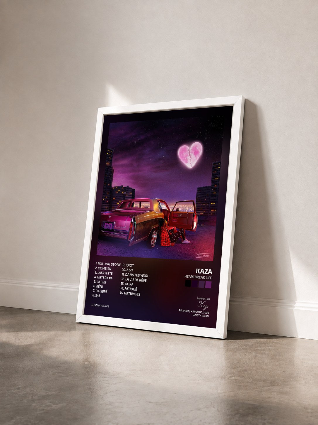 #blanc Tableau de l'album HEARTBREAK LIFE de Kaza vu de trois quarts, cadre blanc