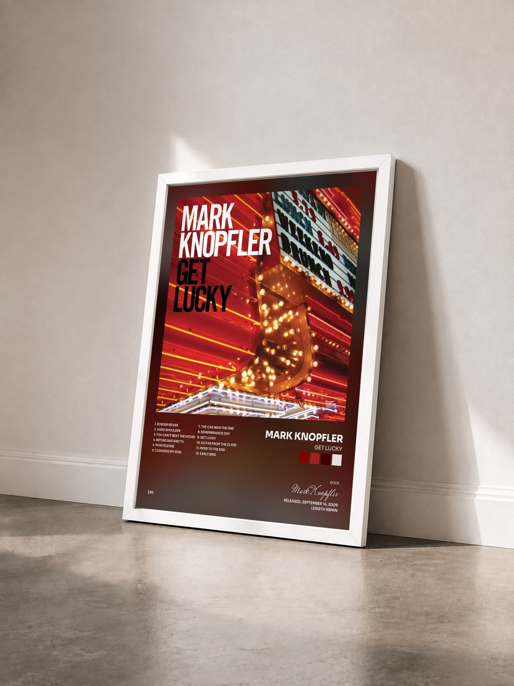 #blanc Tableau de l'album Get Lucky de Mark Knopfler vu de trois quarts, cadre blanc