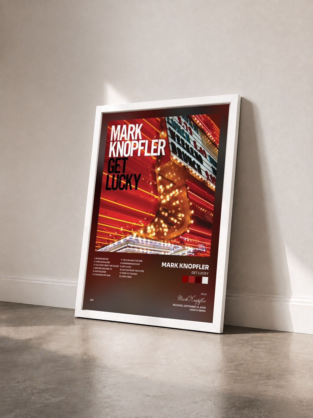#blanc Tableau de l'album Get Lucky de Mark Knopfler vu de trois quarts, cadre blanc