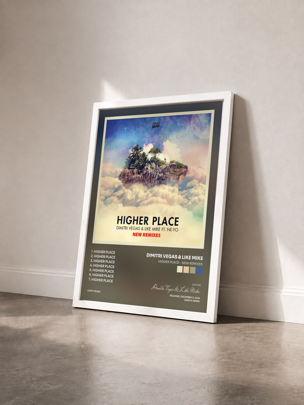 #blanc Tableau de l'album Higher Place - NEW REMIXES de Dimitri Vegas & Like Mike vu de trois quarts, cadre blanc