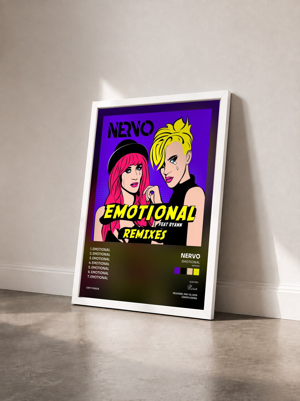 #blanc Tableau de l'album Emotional (Remixes) de Nervo vu de trois quarts, cadre blanc