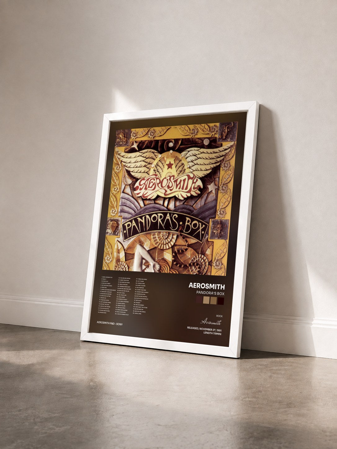 #blanc Tableau de l'album Pandora's Box de Aerosmith vu de trois quarts, cadre blanc