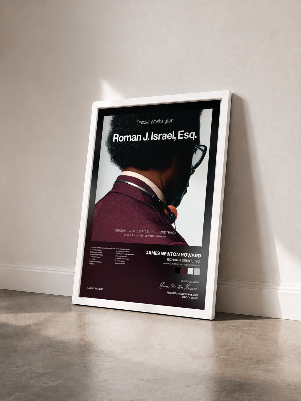 #blanc Roman J. Israel, Esq. (Original Motion Picture Soundtrack) de James Newton Howard en lámina enmarcada vista de tres cuartos, marco blanco