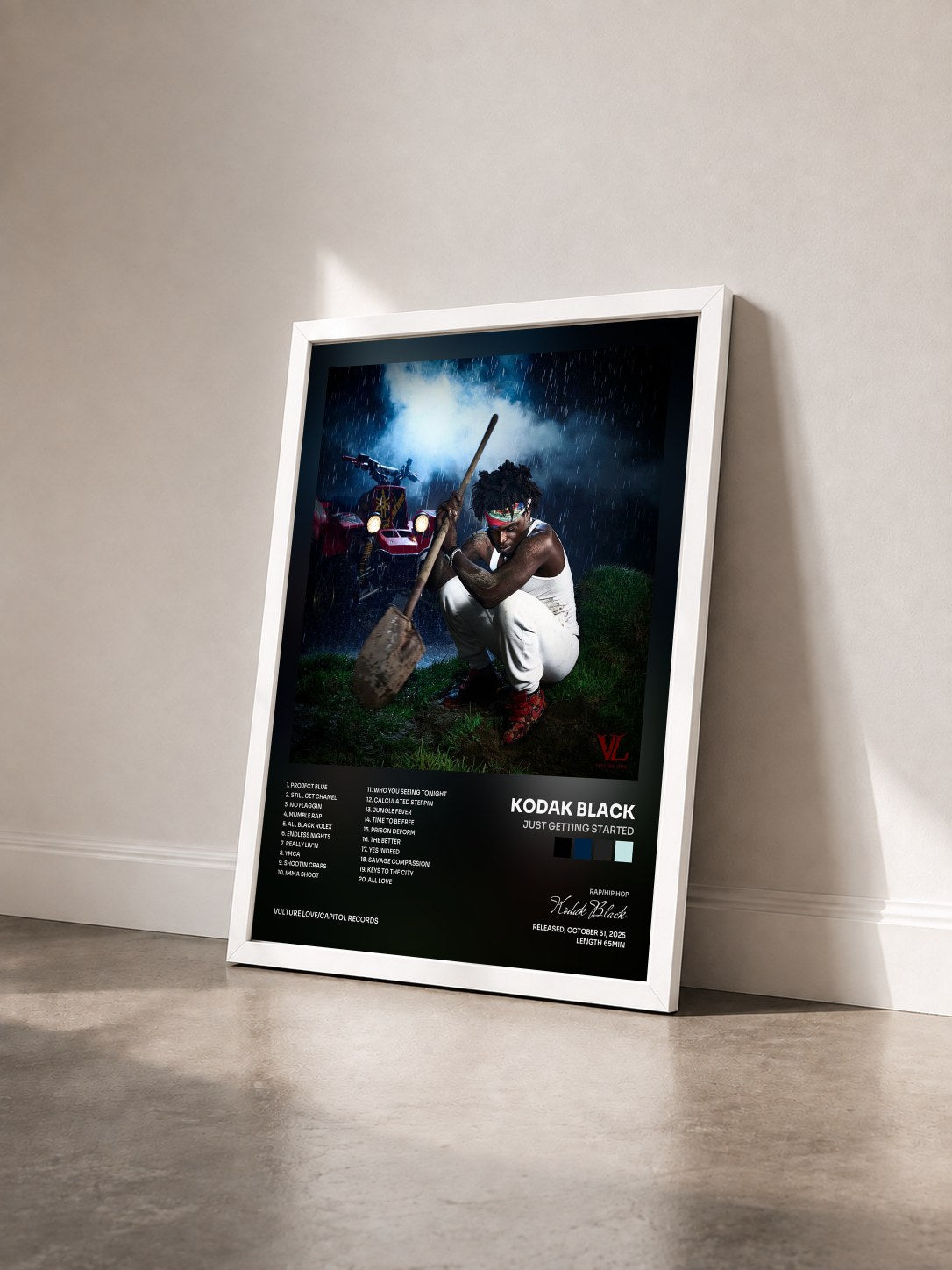 #blanc Tableau de l'album Just Getting Started de Kodak Black vu de trois quarts, cadre blanc