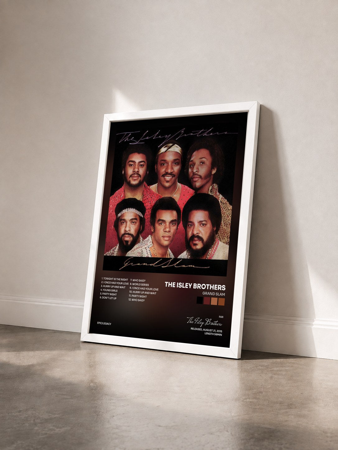 #blanc Tableau de l'album Grand Slam de The Isley Brothers vu de trois quarts, cadre blanc