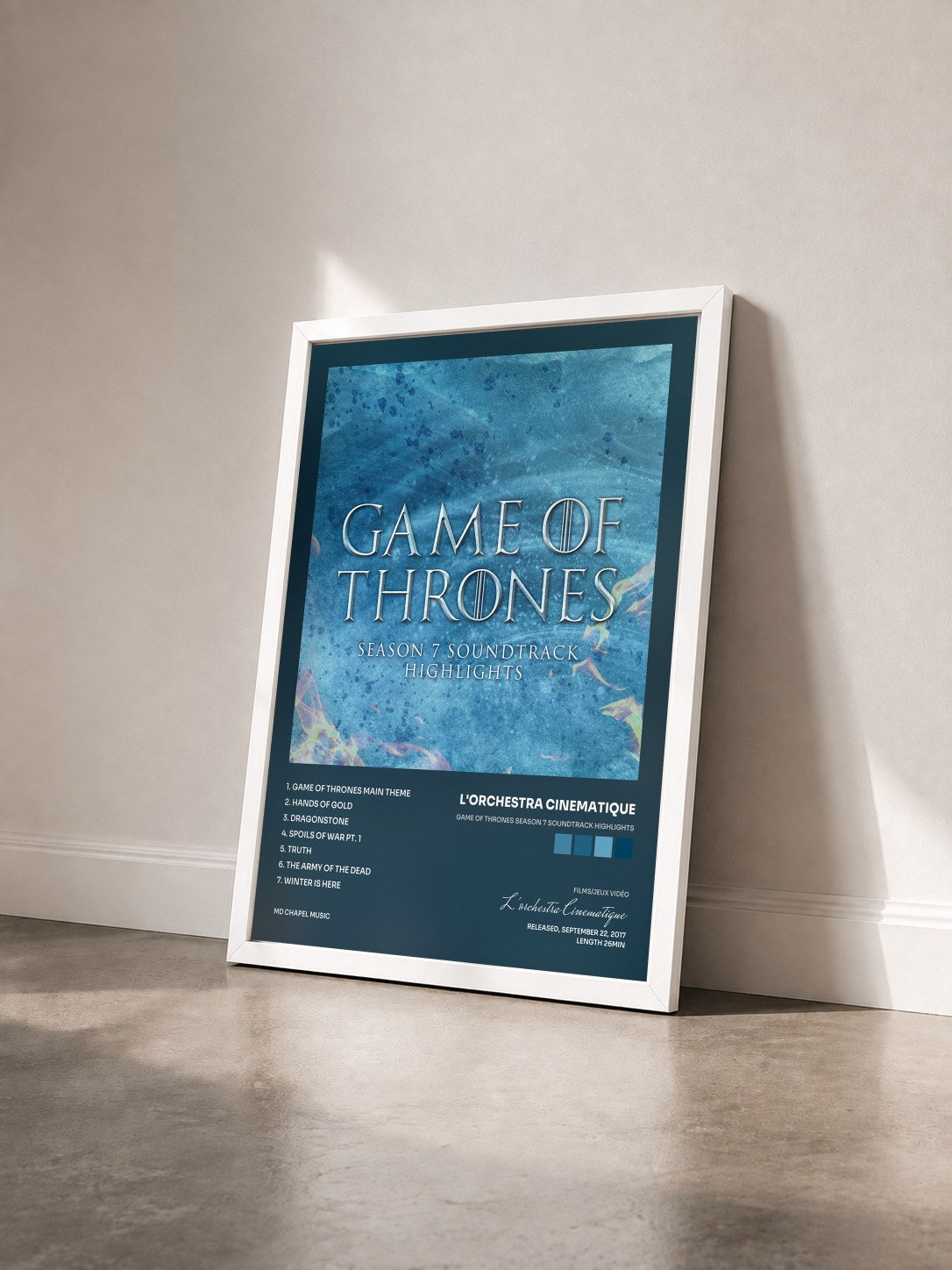 #blanc Tableau de l'album Game of Thrones Season 7 Soundtrack Highlights de L'orchestra Cinematique vu de trois quarts, cadre blanc