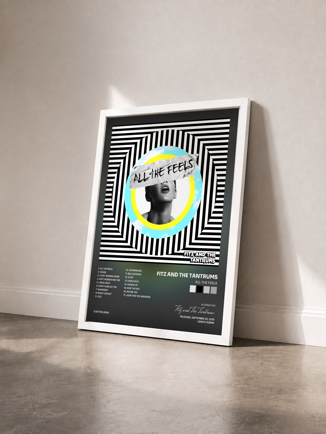 #blanc Tableau de l'album All the Feels de Fitz and The Tantrums vu de trois quarts, cadre blanc